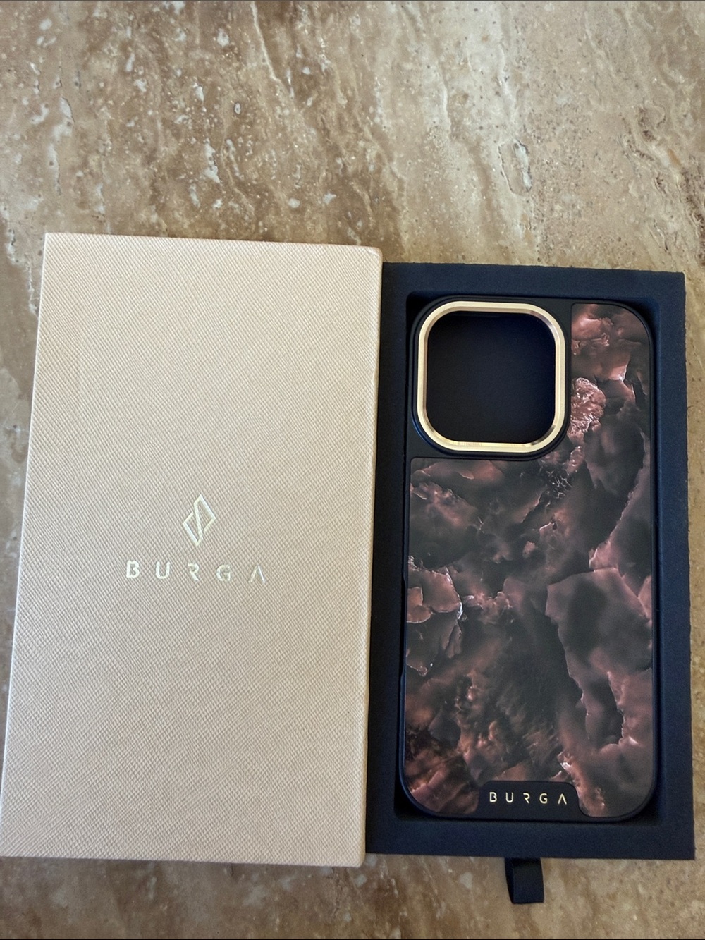 Burga Elite iPhone 16 Pro Marble Protective Phone Case - Gold Trim